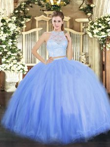 Blue Tulle Zipper Scoop Sleeveless Floor Length Ball Gown Prom Dress Lace