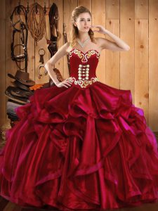 Modest Wine Red Ball Gowns Organza Sweetheart Sleeveless Embroidery and Ruffles Floor Length Lace Up Quinceanera Dress