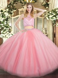 Baby Pink Sweet 16 Dresses Military Ball and Sweet 16 and Quinceanera with Beading Scoop Sleeveless Zipper