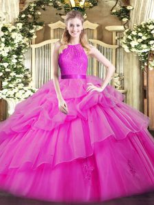 Scoop Sleeveless 15 Quinceanera Dress Floor Length Lace and Ruffled Layers Fuchsia Organza