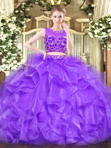 Captivating Lavender Zipper Scoop Beading and Ruffles Quince Ball Gowns Tulle Sleeveless