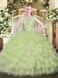 Yellow Green Ball Gowns Tulle Scoop Sleeveless Beading and Ruffled Layers Floor Length Backless Quince Ball Gowns