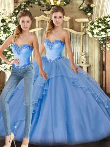Baby Blue Two Pieces Beading and Ruffles Sweet 16 Dress Lace Up Organza Sleeveless Floor Length