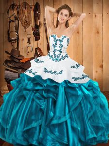 Floor Length Teal Ball Gown Prom Dress Satin and Organza Sleeveless Embroidery and Ruffles