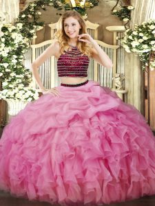 Rose Pink Sleeveless Organza Zipper 15th Birthday Dress for Military Ball and Sweet 16 and Quinceanera