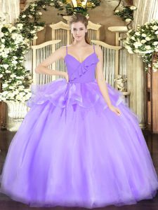 Wonderful Lavender Spaghetti Straps Neckline Ruffles Sweet 16 Dresses Sleeveless Zipper