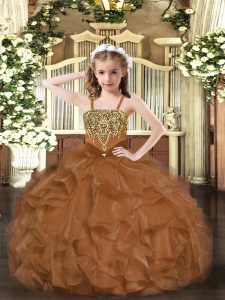 Straps Sleeveless Organza Pageant Dress Toddler Beading and Ruffles Lace Up