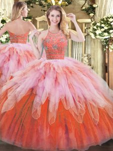 Multi-color Zipper Ball Gown Prom Dress Beading and Ruffles Sleeveless Floor Length