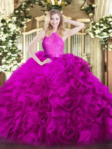Fuchsia Fabric With Rolling Flowers Zipper Scoop Sleeveless Floor Length Quinceanera Gowns Lace