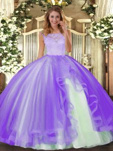 Lavender Tulle Clasp Handle Scoop Sleeveless Floor Length Sweet 16 Dress Lace and Ruffles
