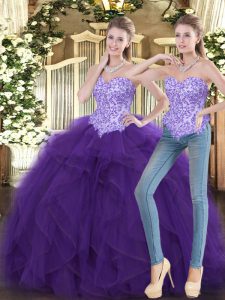 Fine Purple Tulle Lace Up 15th Birthday Dress Sleeveless Floor Length Beading and Ruffles