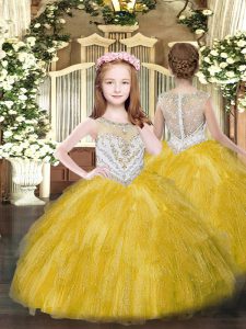 Fancy Gold Sleeveless Tulle Zipper Pageant Dress for Teens for Party and Quinceanera