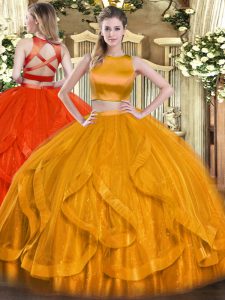 Top Selling Orange Red Two Pieces Bateau Sleeveless Tulle Floor Length Criss Cross Ruffles 15 Quinceanera Dress