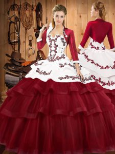 Burgundy Lace Up Strapless Embroidery and Ruffled Layers Quince Ball Gowns Lace Sleeveless Sweep Train