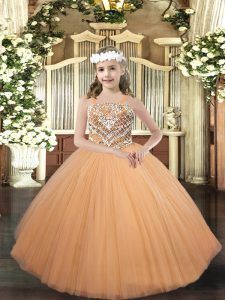 Peach Ball Gowns Tulle Straps Sleeveless Beading Floor Length Lace Up Custom Made Pageant Dress