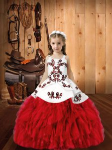 Beautiful Red Organza Lace Up Straps Sleeveless Floor Length High School Pageant Dress Embroidery and Ruffles