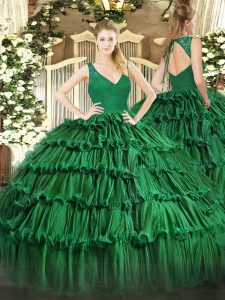 Fine V-neck Sleeveless 15th Birthday Dress Floor Length Beading and Ruffled Layers Dark Green Organza