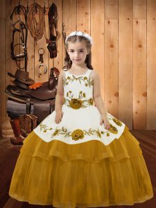 Graceful Gold Lace Up Little Girls Pageant Gowns Embroidery and Ruffled Layers Sleeveless Floor Length