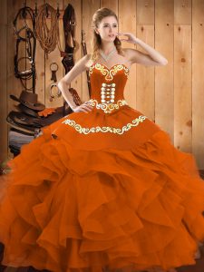 Flirting Sleeveless Floor Length Embroidery and Ruffles Lace Up Sweet 16 Dresses with Rust Red