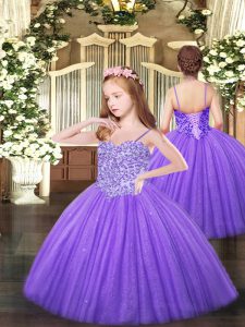 Sleeveless Tulle Floor Length Lace Up Little Girls Pageant Dress in Lavender with Appliques