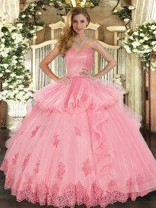 Free and Easy Watermelon Red Lace Up Quinceanera Gowns Beading and Appliques and Ruffles Sleeveless Floor Length