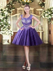 Purple Sleeveless Tulle Zipper Prom Evening Gown for Prom and Party