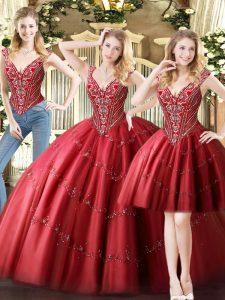 Sumptuous Wine Red Tulle Lace Up V-neck Sleeveless Floor Length Quinceanera Dresses Beading