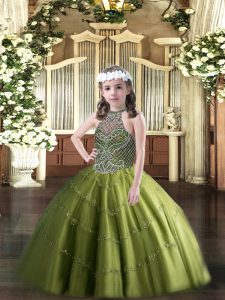 Stylish Halter Top Sleeveless Tulle Child Pageant Dress Beading Lace Up