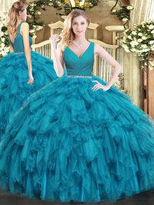 Floor Length Teal 15 Quinceanera Dress Tulle Sleeveless Beading and Ruffles