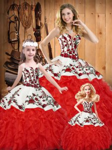 White And Red Sweet 16 Dresses Military Ball and Sweet 16 and Quinceanera with Embroidery and Ruffles Sweetheart Sleeveless Lace Up