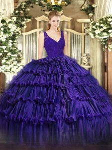 Purple Organza Zipper V-neck Sleeveless Floor Length Quinceanera Dress Beading and Ruffled Layers