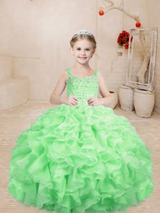 Apple Green Ball Gowns Straps Sleeveless Organza Floor Length Lace Up Beading and Ruffles Pageant Gowns
