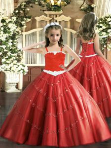 Perfect Red Sleeveless Tulle Lace Up Little Girls Pageant Dress for Party and Quinceanera