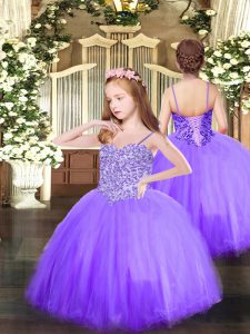 High Quality Lavender Spaghetti Straps Lace Up Appliques Little Girls Pageant Dress Sleeveless