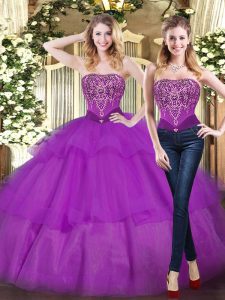Stylish Eggplant Purple Ball Gowns Strapless Sleeveless Tulle Floor Length Lace Up Beading and Ruffled Layers Quinceanera Dresses
