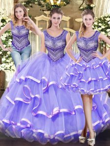 Comfortable Scoop Sleeveless Quince Ball Gowns Floor Length Beading and Ruffled Layers Lavender Tulle