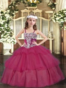 Trendy Wine Red Ball Gowns Appliques and Ruffled Layers Pageant Gowns For Girls Lace Up Organza Sleeveless Floor Length