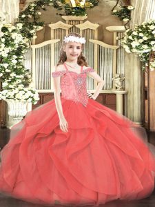 Floor Length Lace Up Pageant Dress Coral Red for Party and Quinceanera with Beading and Ruffles