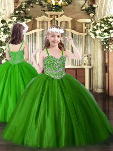 Green Ball Gowns Straps Sleeveless Tulle Floor Length Lace Up Beading Little Girls Pageant Gowns