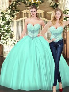 Customized Apple Green Sleeveless Floor Length Beading Lace Up Vestidos de Quinceanera
