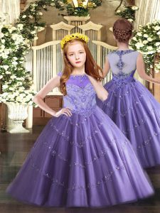 Best Lavender Ball Gowns Tulle Scoop Sleeveless Beading and Appliques Floor Length Zipper Girls Pageant Dresses