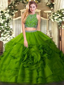 Excellent Beading and Ruffled Layers Sweet 16 Dress Olive Green Zipper Sleeveless Floor Length