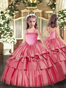 Coral Red Ball Gowns Straps Sleeveless Organza Floor Length Lace Up Appliques and Ruffled Layers Pageant Dress
