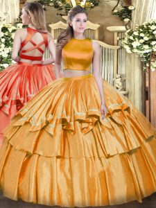 Artistic High-neck Sleeveless Sweet 16 Dresses Floor Length Ruffled Layers Orange Tulle