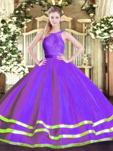 Cute Eggplant Purple Ball Gowns Tulle Scoop Sleeveless Lace Floor Length Zipper Quinceanera Gowns