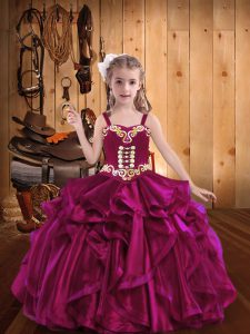 Low Price Straps Sleeveless Organza Little Girls Pageant Gowns Embroidery and Ruffles Lace Up