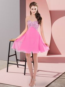 Extravagant Sleeveless Mini Length Beading Lace Up Dress for Prom with Rose Pink