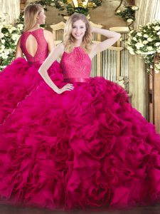 Adorable Ball Gowns Quinceanera Gown Hot Pink Scoop Fabric With Rolling Flowers Sleeveless Floor Length Zipper