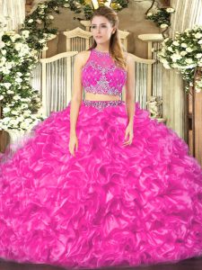 Extravagant Fuchsia Scoop Neckline Beading and Ruffles Sweet 16 Dress Sleeveless Zipper