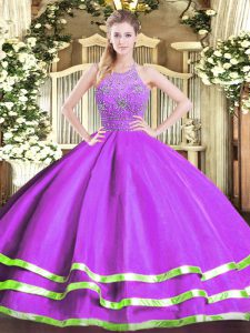 Sleeveless Tulle Floor Length Zipper Quinceanera Gowns in Eggplant Purple with Beading